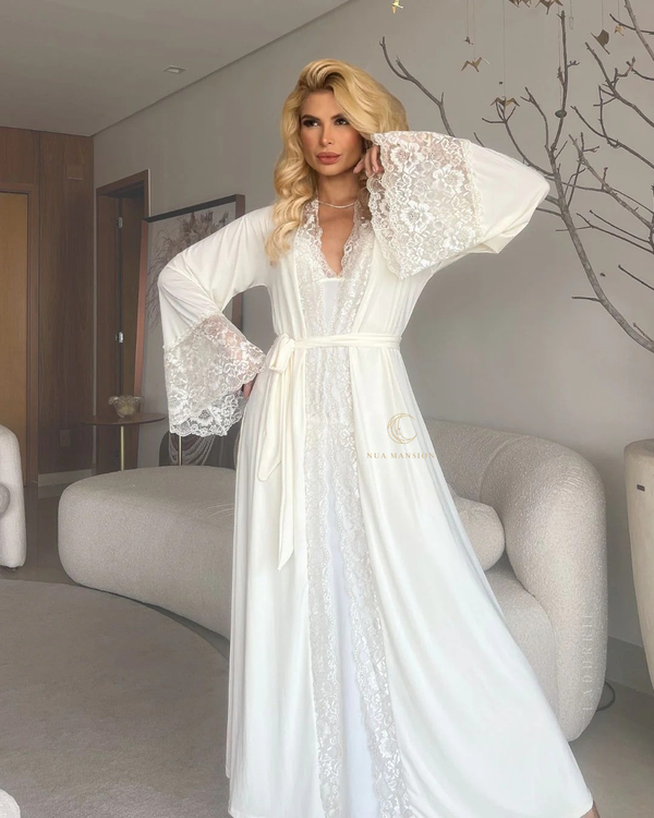 Conjunto Madame - Camisola Longa, Robe e Calcinha