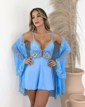 Conjunto Majestade Camisola + Calcinha + Robe em Tule e Renda