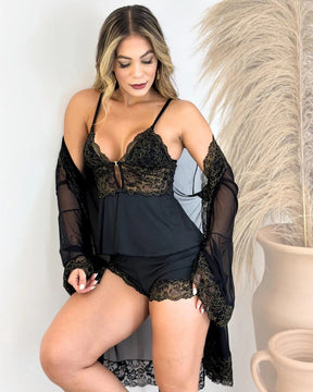 Conjunto Baby-Doll Selene com Robe em Tule e Renda