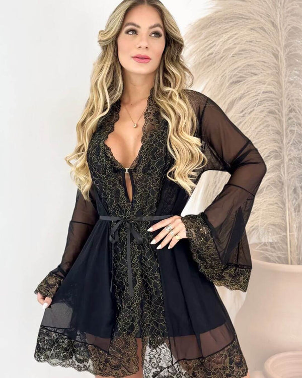 Conjunto Eleni + Calcinha + Robe em Tule e Renda