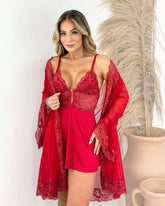 Conjunto Jasmine Camisola + Calcinha + Robe em Tule e Renda