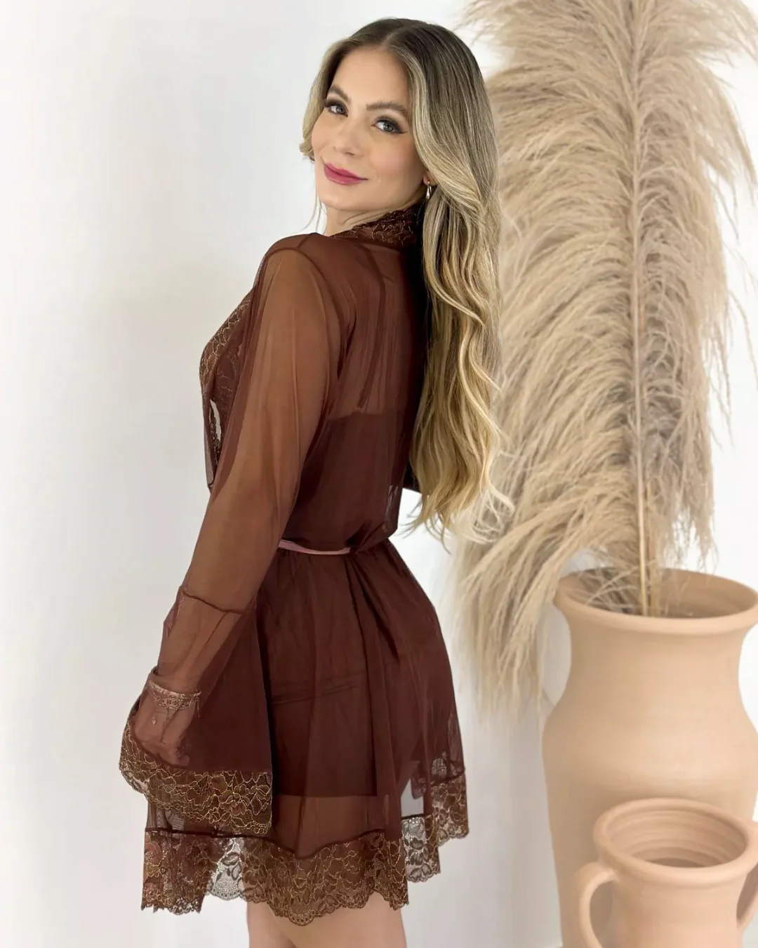 Conjunto Baby-Doll Cárites com Robe em Tule e Renda