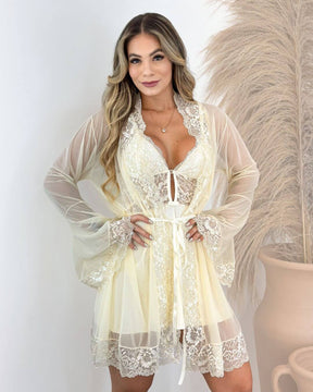 Conjunto Thalia Camisola + Calcinha + Robe em Tule e Renda
