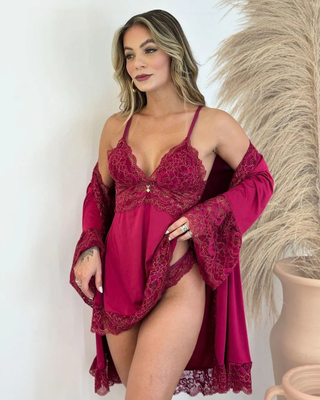 Conjunto Héstia - Camisola + Robe e Calcinha