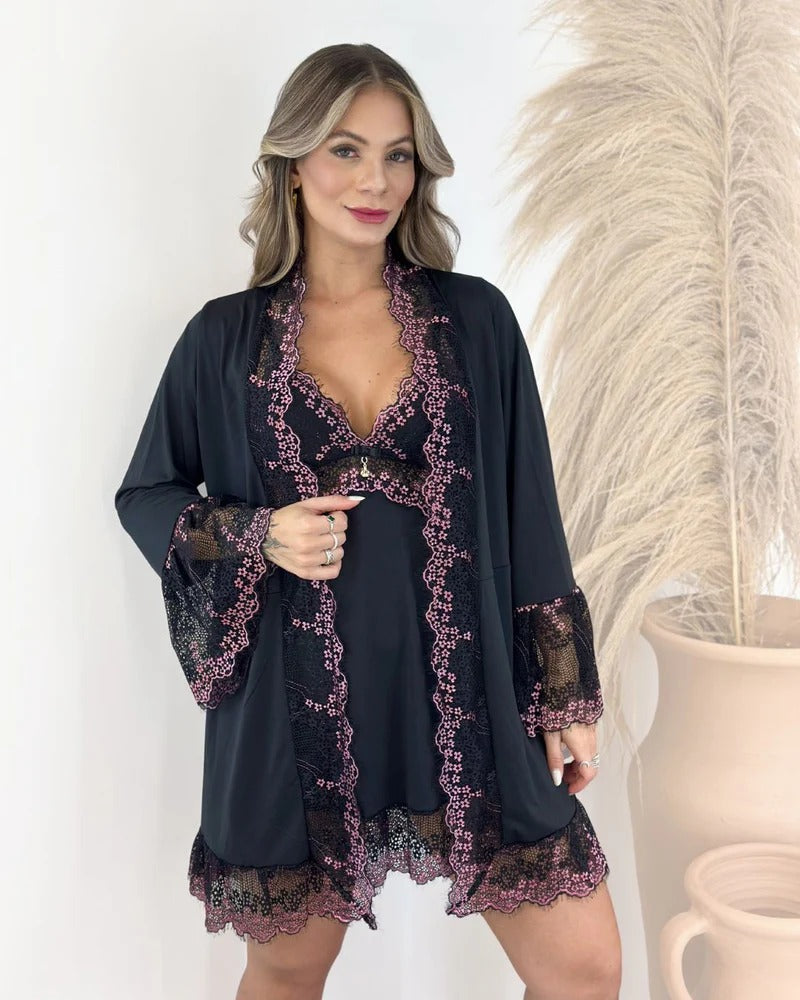 Conjunto Têmis - Camisola + Robe e Calcinha