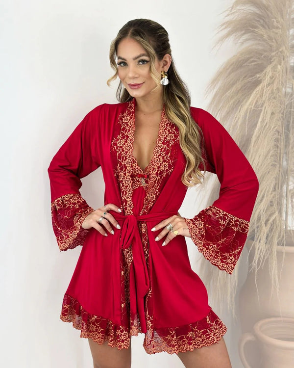 Conjunto Elagron - Camisola + Robe e Calcinha